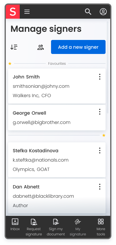 Managing signers and contact list.